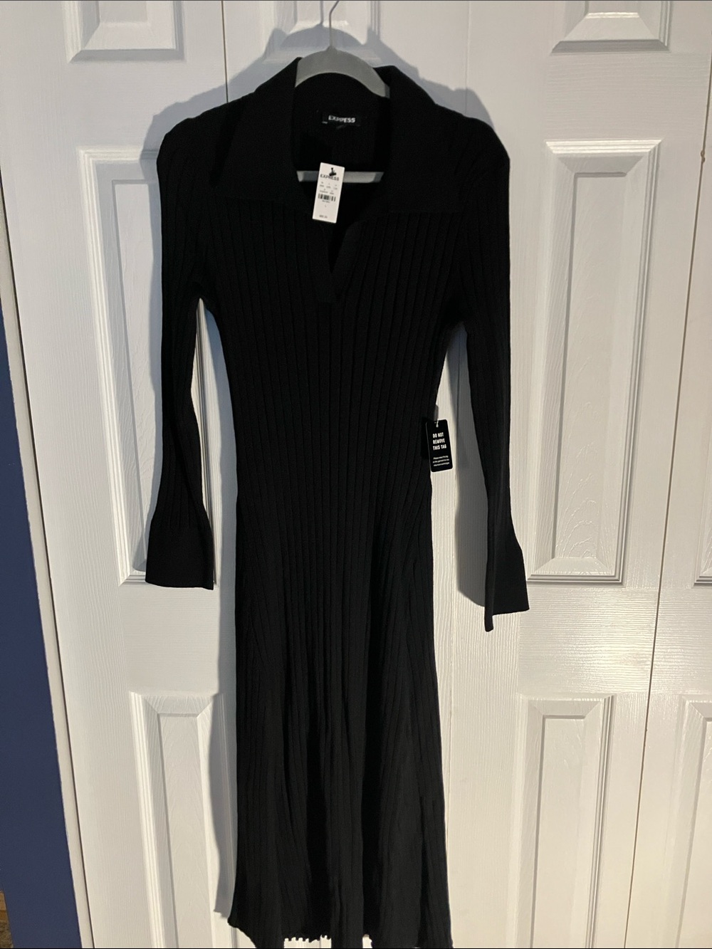 Express Black Ribbed Collared Long-Sleeve Midi Dress